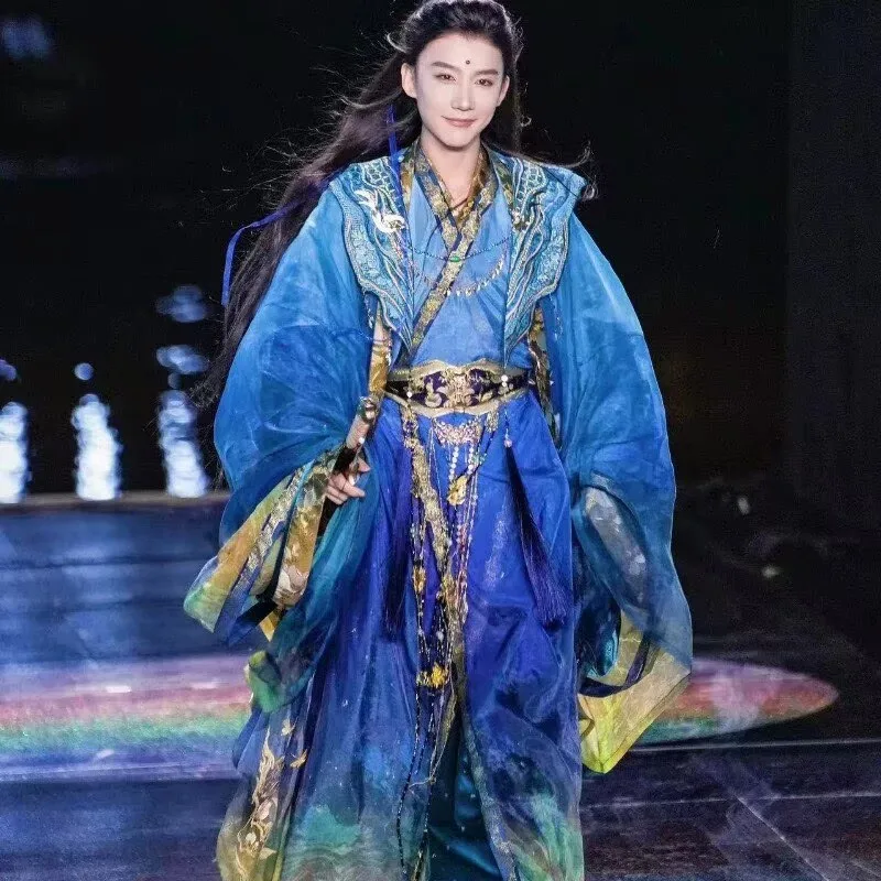 Chinese Hanfu Robe For Men Gradient Embroidered Print Blue Gown Stage Performance Carnival Cosplay Costume For Women