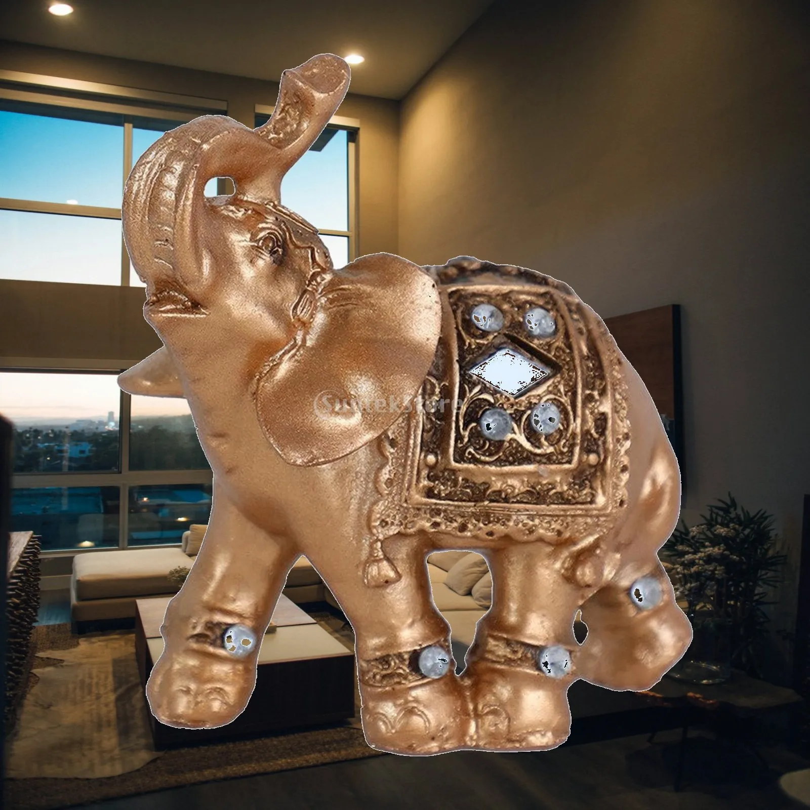 Ornate Elephant Figurine with Decorative Saddle Auspicious Gold-Toned Elephant Decor with Raised Trunk Compact Long-Lasting