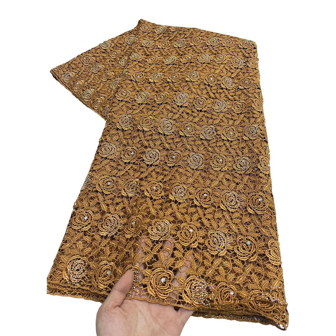 

2026 Premium African Guipure Cord Lace With Crystal Nigerian Luxury Evening Dress Water Soluble Lace Fabric For Woman Asoebi