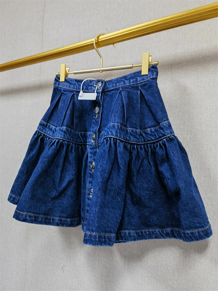 2026 Spring Summer Y2K Fashion Women's French Style Blue Single Breasted Pleated Short High Waist Denim A-Line Skirt