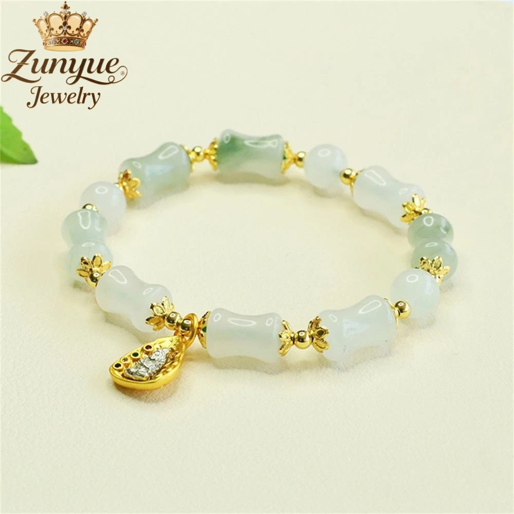 Natural Tianshan Jadeite Green Bamboo Festival Guanyin Bracelet Luxury Quality Fashion Jewelry Exquisite Elegant Popular Charms