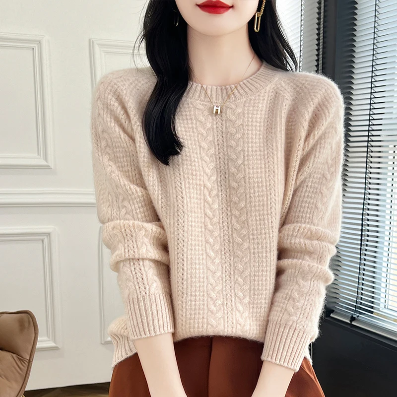 

Полосатый осенне-зимний новый кашемировый пуловер из 100% мериносовой шерсти, женский пуловер с круглым вырезом, теплая трикотажная рубашка, топ