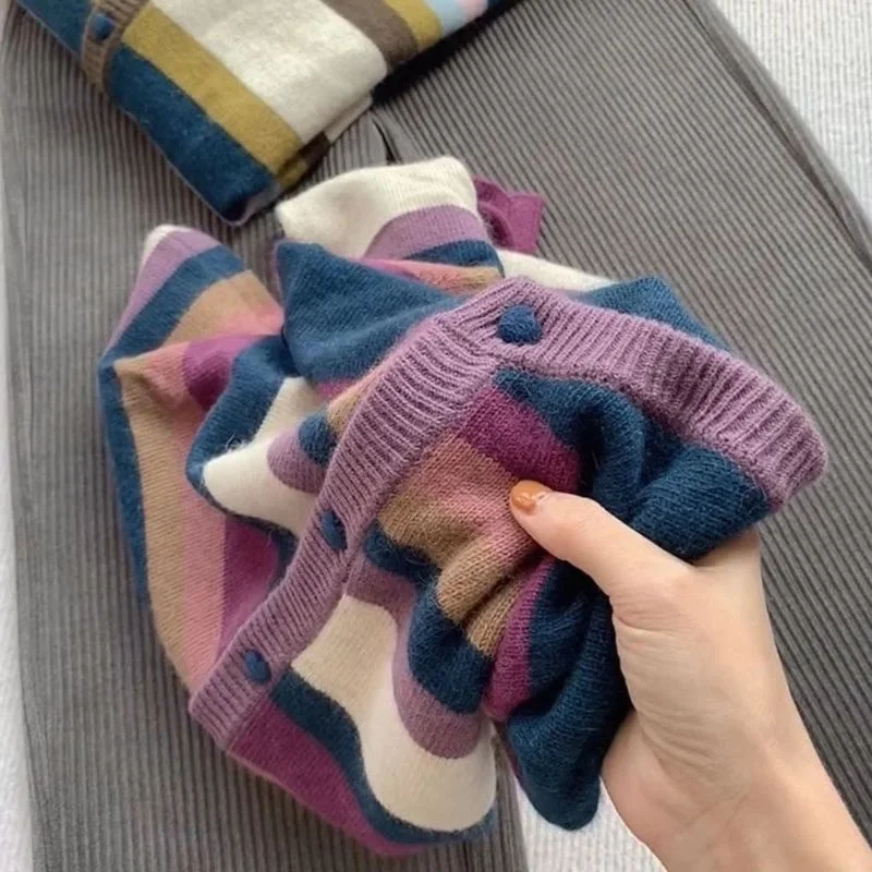 

plus Size 300 Pou Women's round Ne Sweater Stripes Knitted Top Autumn Versatile Ins Sle Loose Fit Korean Version