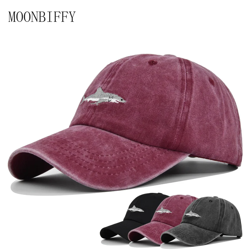 Embroidered Animal Shark Promotional Baseball Cap Denim Style Distressed Hats for Women Men Casual Baseball Hat