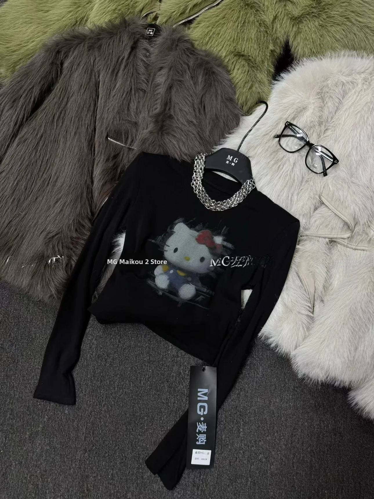 تي شيرت Sweet Cool KT مطبوع عليه رسوم كرتونية Fce طويل Sve تي شيرت مبطن للكتف من القطن المريح للنساء