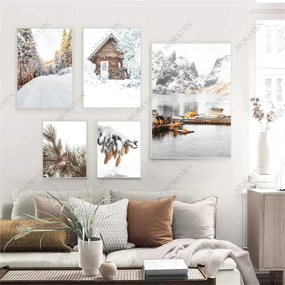 Sunrise Forest Mountain Lake Posters Cabin Wood Pinecone Winter Snow Prints Canvas Painting Nordic Wall Art Pictures Home Decor