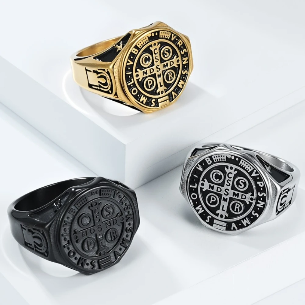 سانت بنديكت طرد الأرواح الشريرة الصليب خواتم الفولاذ المقاوم للصدأ شخصية الفن تنوعا خاتم موضة مجوهرات رائعة