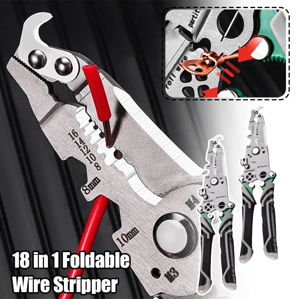 18 In 1 Foldable Wire Stripper, Multifunctional Wire Stripper Crimper Cable Cutter Pliers, Wire Stripper Tool