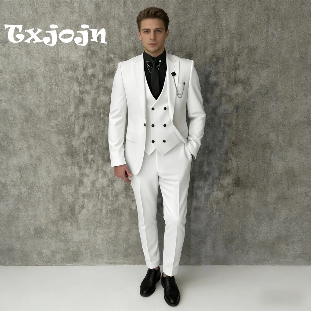 

Elegant White 3PCS Men’s Suit Double Breasted Vest Peak Lapel Formal Wedding Groom Tuxedo Set Jacket Vest Pants Customized