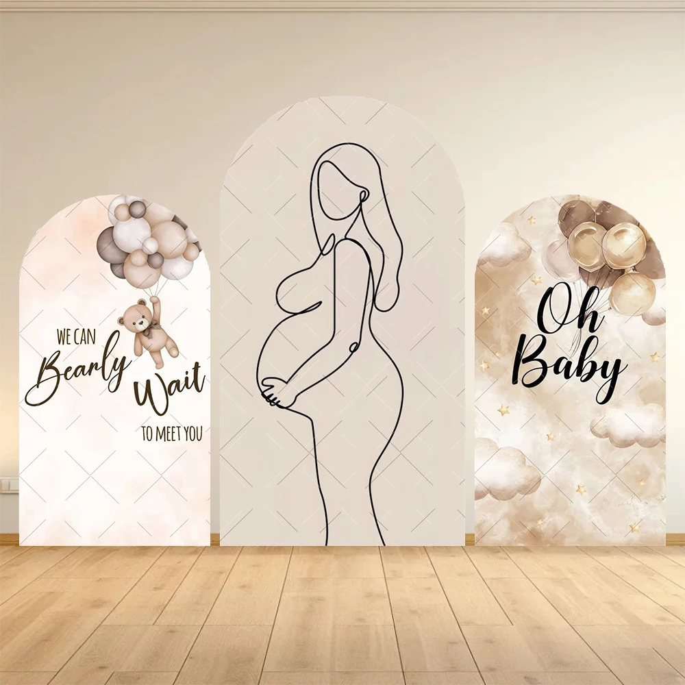 Décor mural de fond photographique pour baby shower sur le thème des femmes enceintes, avec arche élastique, motif ours et fleurs, pour la bienvenue du bébé