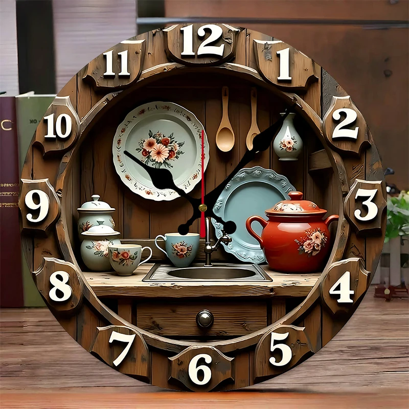 Reloj de pared colgante silencioso redondo de madera con diseño de cocina Vintage, adecuado para sala de estar, oficina, sala de estudio, dormitorio, decoración del hogar