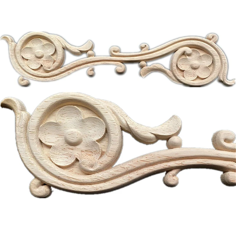 

40cm Onlay Wood Mouldings Wood Applique Decal Carved Unpainted Modern Long Large Leaves Flower Rubber Wood Corner Furniture