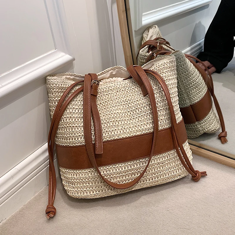 Summer Straw Bag For Women Woven Handmade Handbag Large Capacity Lady Tote Vacation Beach Bag Rattan Shoulder Bag splicing Totes