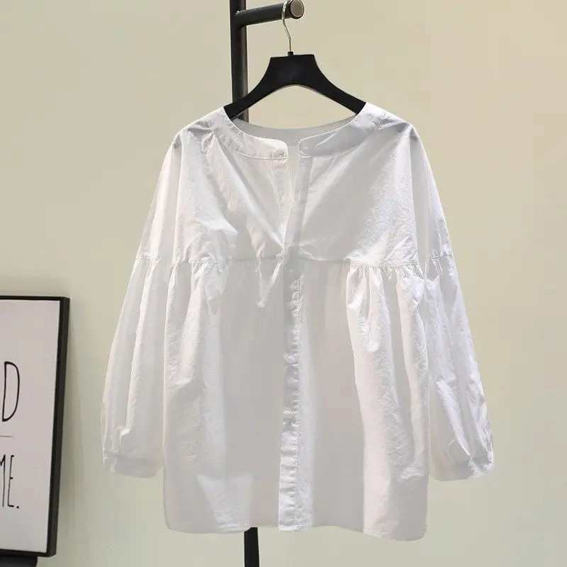 

Korean Sle Pure Cotton Long Sve round Ne Doll irt Women's Spring Autumn New Sweet Gentle Match All Cotton Top