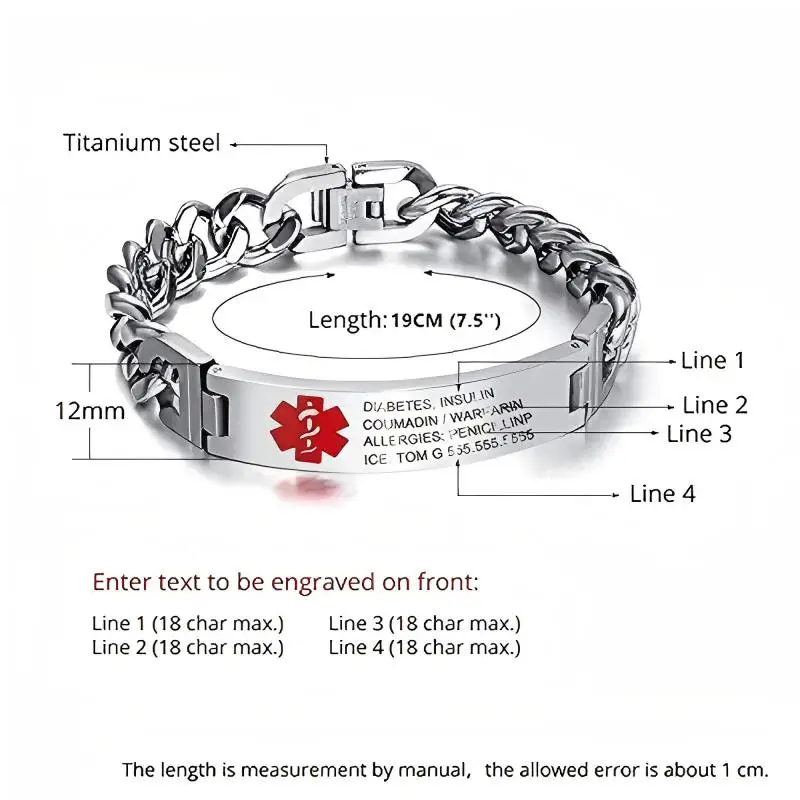 Personalisierte Notfall-Armbänder für Damen und Herren, individuell gravierte medizinische Alarminformationen, medizinische ID-Armbänder aus Edelstahl – Detail 3