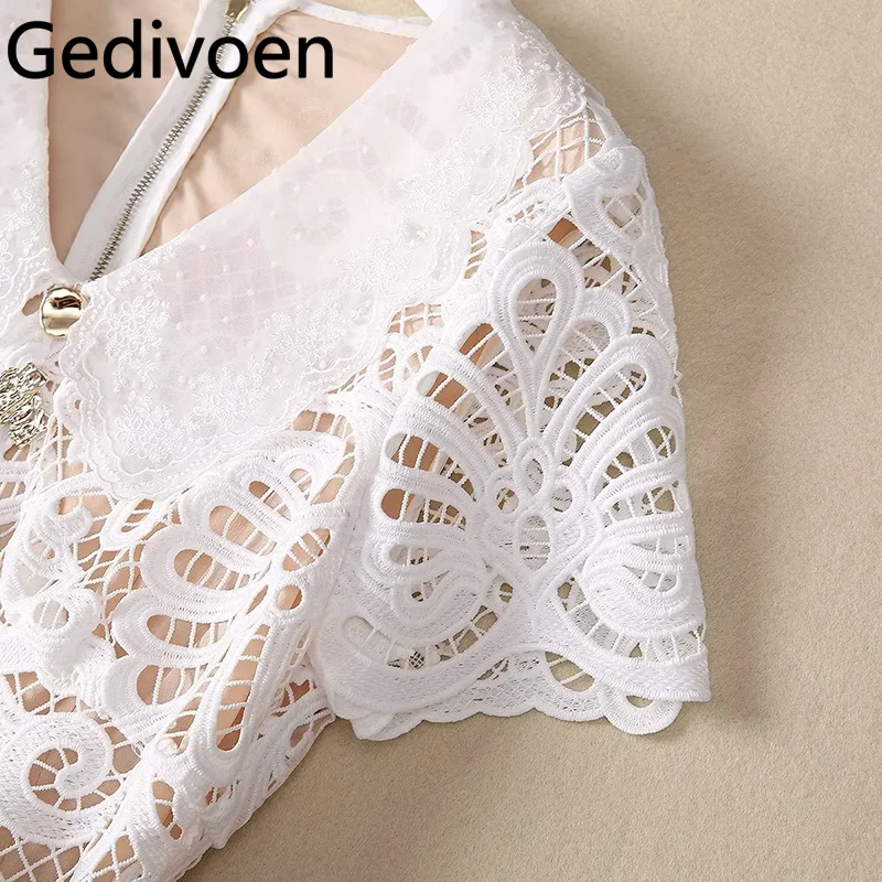 Gedivoen-vestidos de diseñador de pasarela de moda de verano para mujer, Vintage, Color sólido, bordado ahuecado, cuentas de uñas, fajas, vestidos de encaje