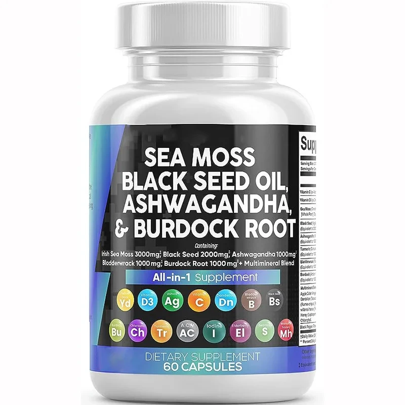 

Sea grass caps black seed oil paired with burdock roots helps with immunity, intestinal cleansing, and energy