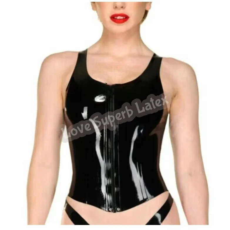 Feito à mão látex borracha mulher camisa catsuit látex gummi feminino topos sem mangas colete fino zíper frontal ajuste personalizar 0.4mm