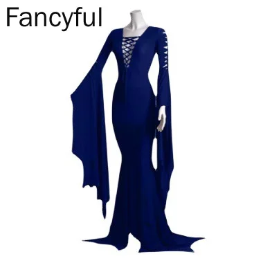 Halloween Retro Straps Hip Gothic Dress for Women Fashion Flared Sleeve Lace-up V-neck Sexy Dresses for Female