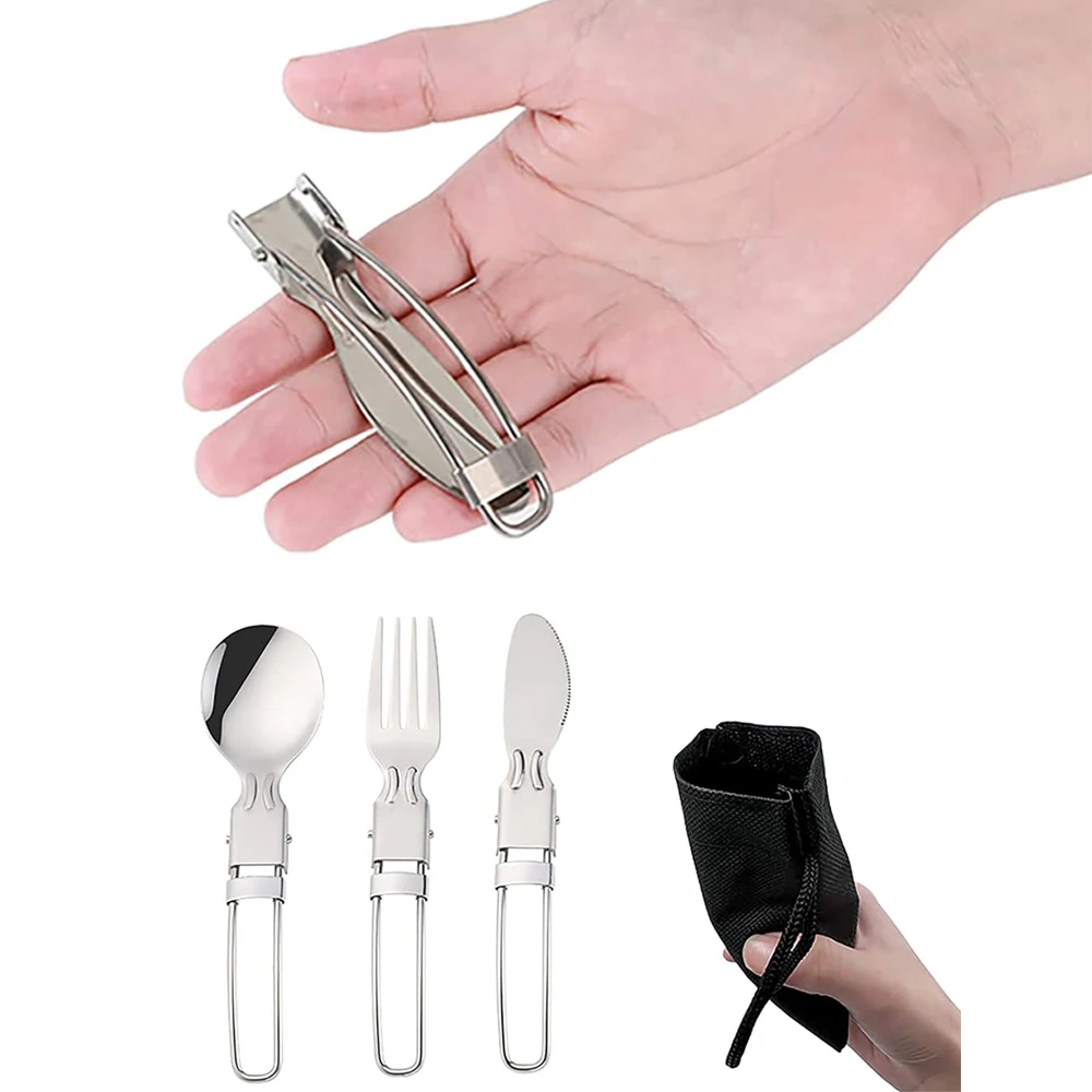 Camping Flatware Sets Stainless Steel Kitchen Accessory Spoon Fork Knife With Nylon Bag Foldable Tableware Dinnerware Set view 6