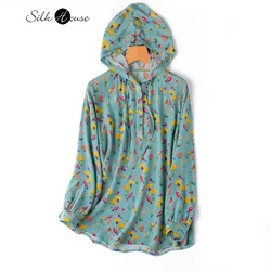 2024 Women's Spring New 100%Natural Mulberry Silk Crepe De Chine Loose Versatile Hooded Drop Shoulder Sleeve Printing Casual Top