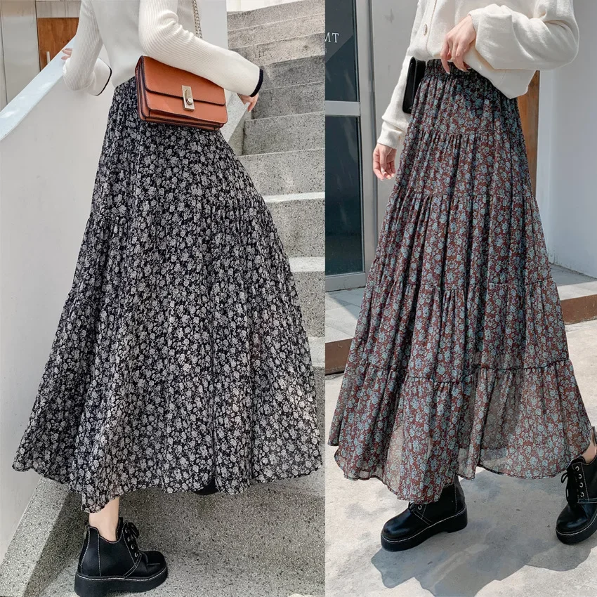 

2024 Fall Winter Women Floral Skirt A-line High Waist Skirt Female Solid ColorChiffon Mid-length Skirt Korean Sweet Streetwear