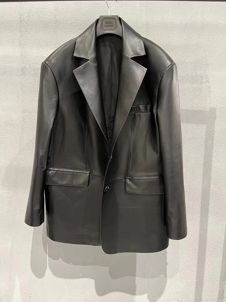 Chaqueta de piel de Oveja Negra para mujer, blazer Vintage de cuero suelto, ropa de calle para mujer, tendencia de moda Coreana de lujo 2023