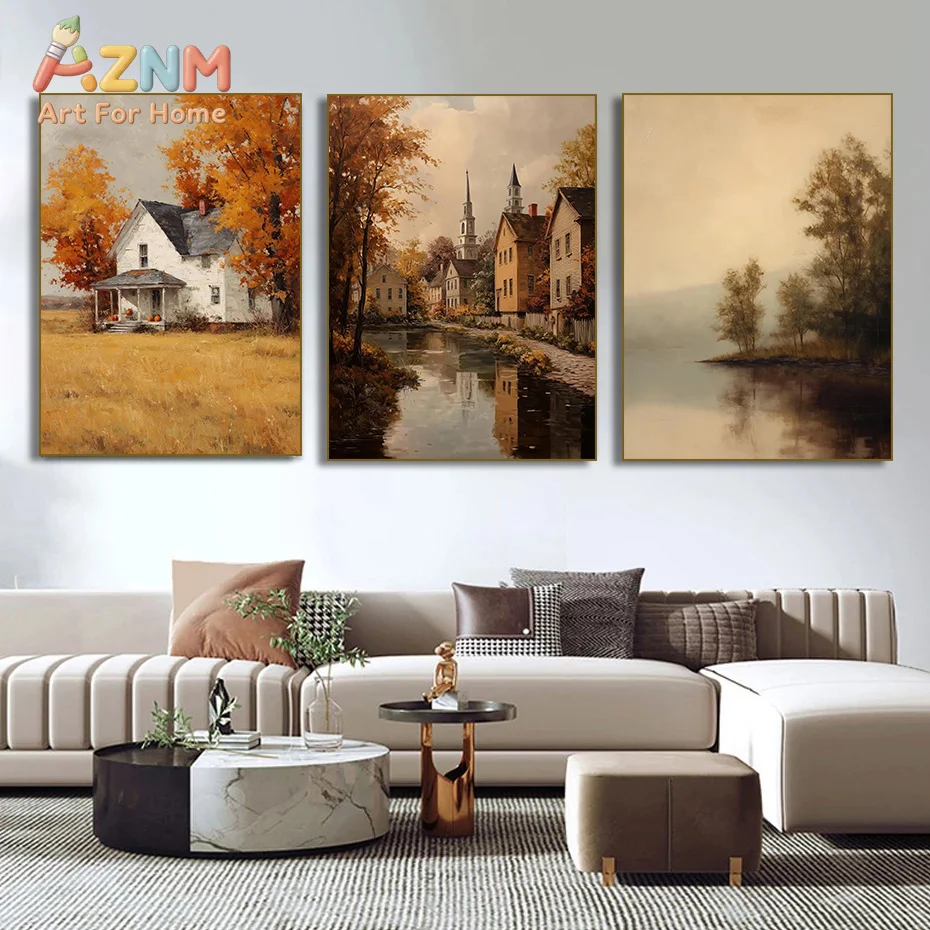 AZNM Vintage Fall Oil Painting Canvas Wall Art Autumn Cottage Village Hay Bale Pumpkin Cute Ghost Rustic Farmhouse Unframed Canv