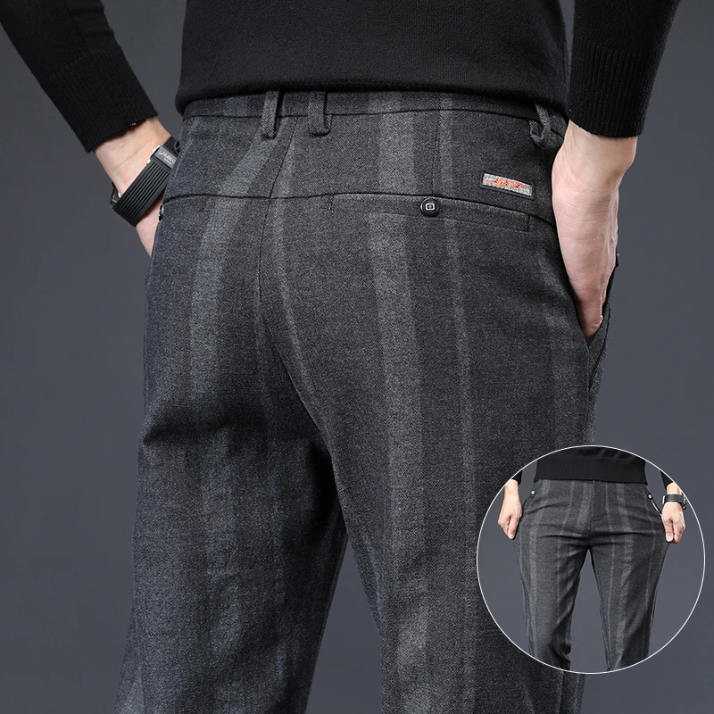 

Autumn New Men's Slim Casual Pants Fashionable Fit Elastic Business Pants High Quality Stripe Classic 3-colors Male Trousers