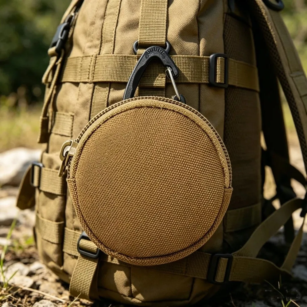 Portable Mini EDC Coin Purse Round Zipper Key Holder Water-resistant with Carabiner Clip Storage Pouch Outdoor Accessories
