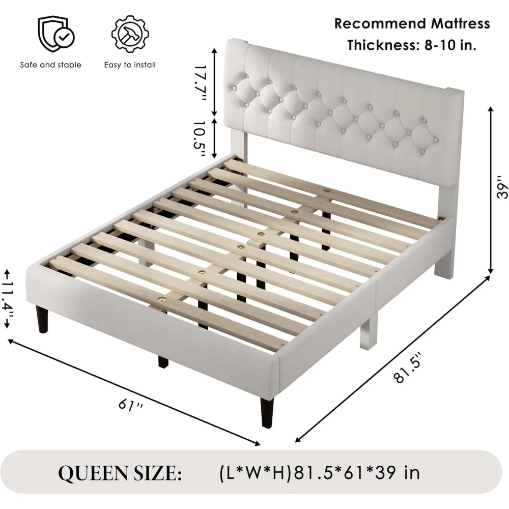 Queen Size Bed Frame and Headboard, Linen Upholstered Platform Bed with Wooden Slats Support, No Box Spring Needed Mattress