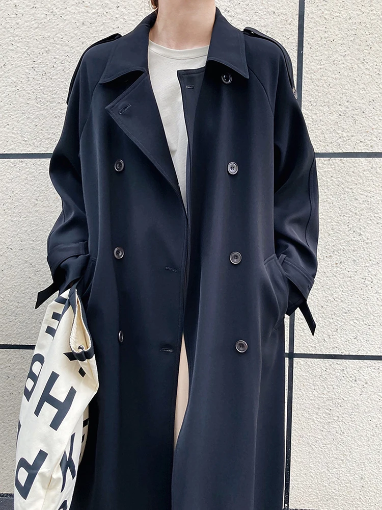 [EAM] Women Red Brief Belted Big Size Long Trench New Lapel Long Sleeve Windbreaker Fashion Tide Spring Autumn 2024 1DH6661