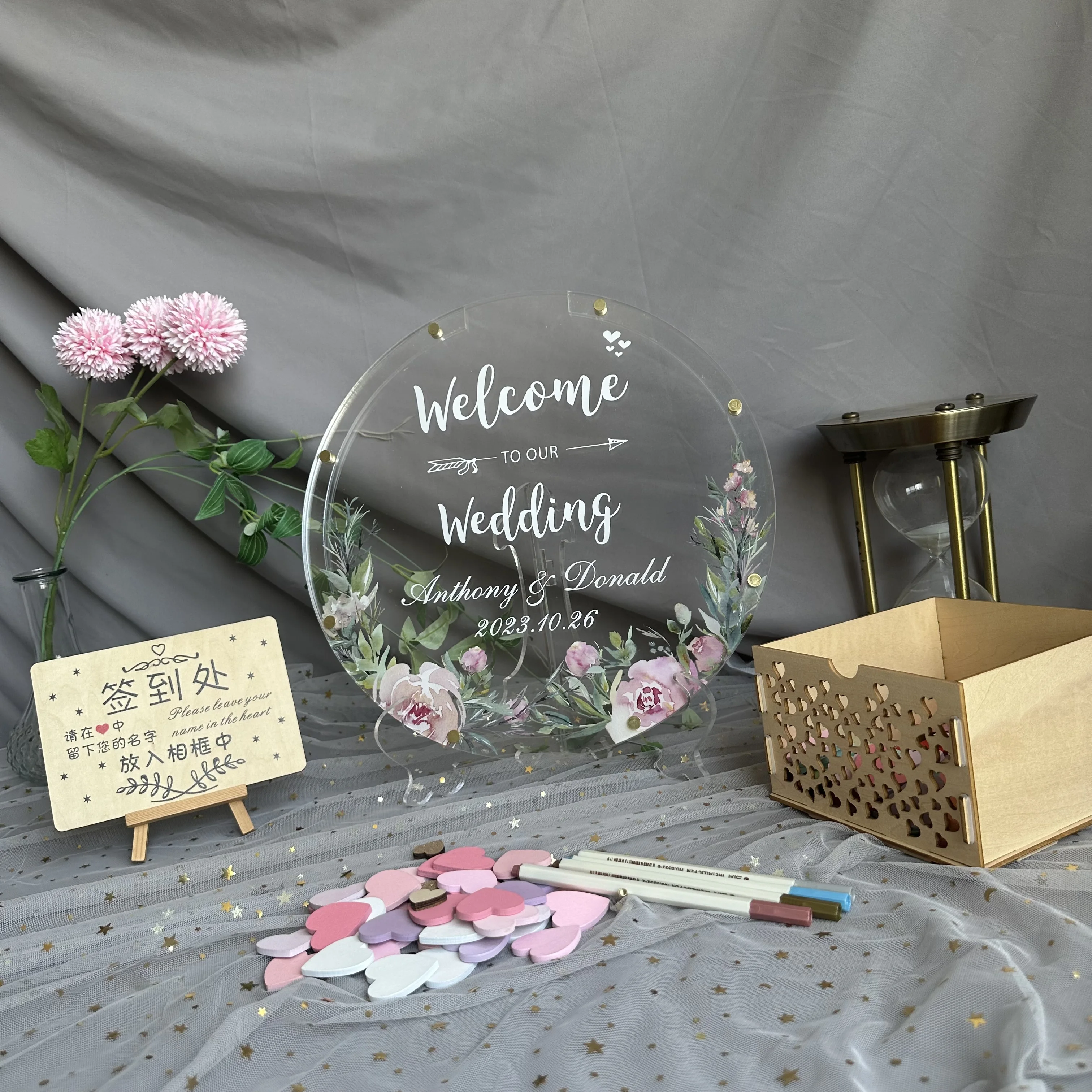 Round Acrylic Signature Board, Free Printing Picture, Custom Logo, Rustic Party Wedding Decor, Alternative to Traditional Guestb