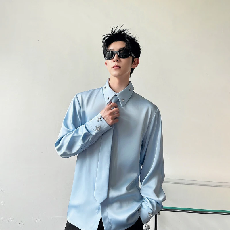 WTHT Fashion Men's Heavy Industy Beads Liquid Metal Design Lie Shirts Trendy Solid Color Lapel Tops Male 2026 Summer 2A3069