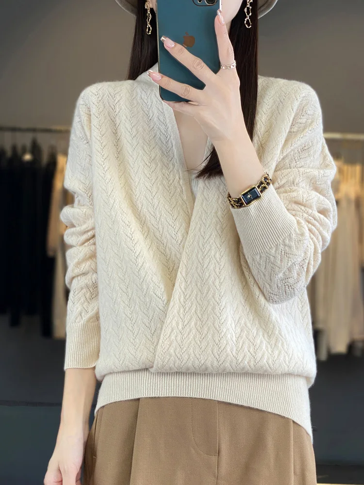 Hollow Out Cashmere Sweater 100% Merino Wool Knitwear Spring Autumn Women V-neck Pullover Office Lady Elegant Soft Comfort Tops