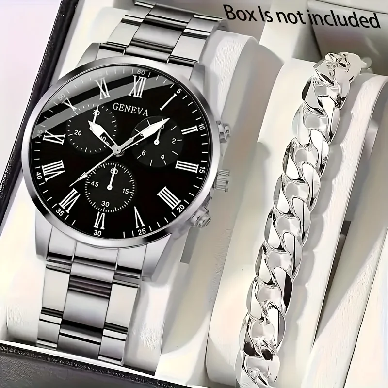 Men's Business Watch+Bracelet Set - Round Case, Stainless Steel Strap, Perfect Gift for Men (No Box)