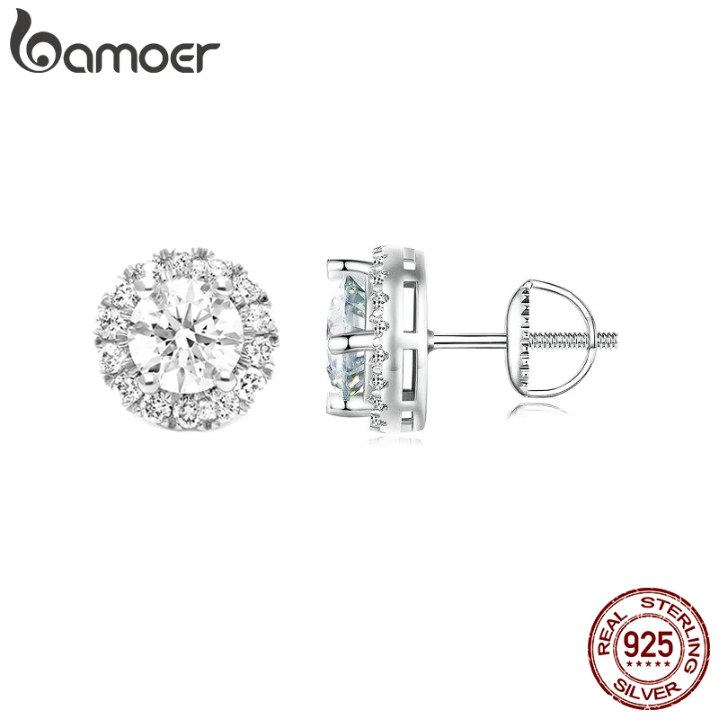 BAMOER Exquisite Halo Stud Earrings 925 Sterling Silver Moissanite Earrings for Women Engagement Wedding Fine Jewelry Gift