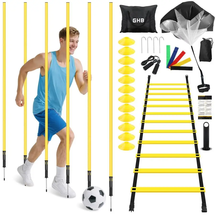 

Soccer Agility Training Equipment, 6 Agility Poles, 20ft Speed Ladder, 12 Disc Cones, Resistance Parachute, Jump Rope, 5 Resista