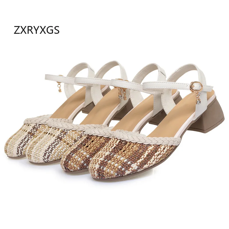 ZXRYXGS New 2026 Summer Round Toe Real Leather Woven Color Blocked Sandals Large Size Women's Banquet Sandals Thick Mid Heels