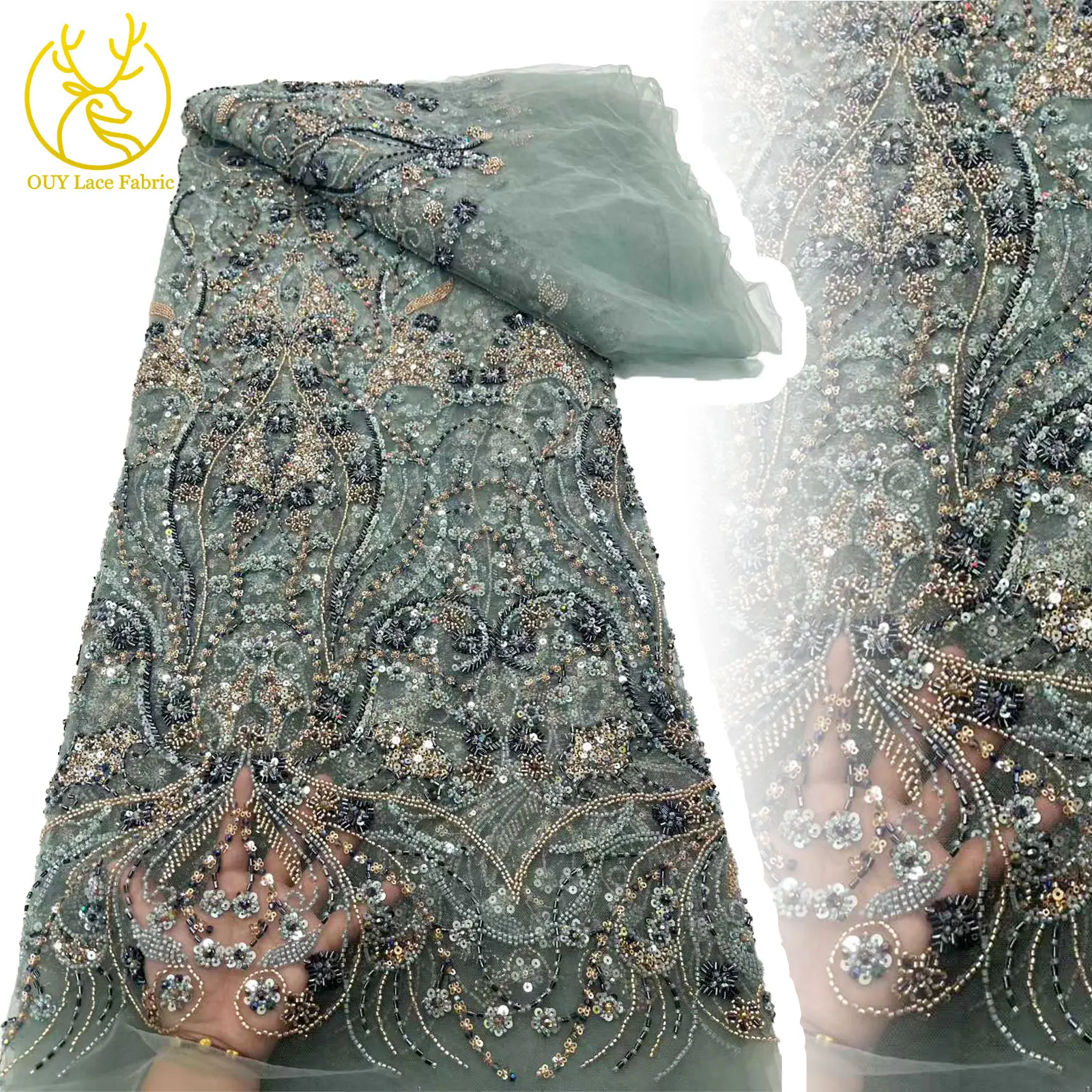 

African Handmade Beaded Lace Fabric 2025 High Quality Luxury French Sequin Mesh Tulle Lace Fabric Party Wedding Dress Sewing
