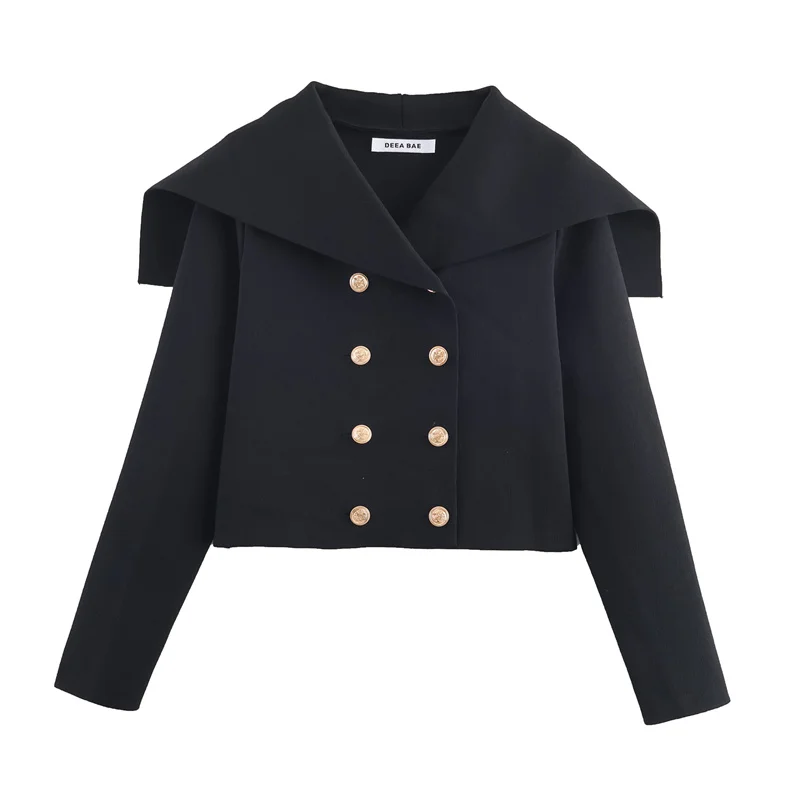 

Women's Jacket 2025 Autumn New Style Black Long Sleeve Coat Collar Double-Breasted Knit Cardigan Jacket Stylish and Trendy
