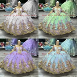 Luxury Lavender Flower Girls Dress Bow Beading Butterfly Ball Wedding Dresses Gold Lace Applique For Kids Birthday Party Gowns