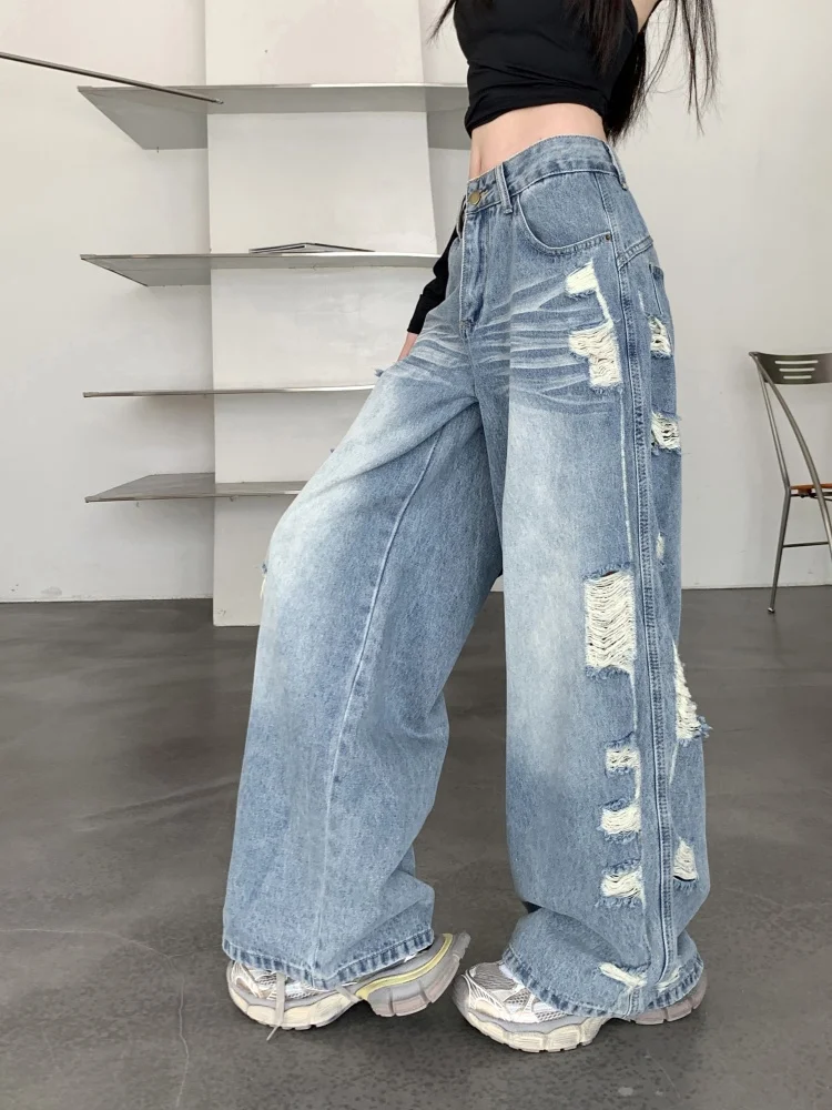 Loose Women's Jeans Denim Long Pants Washed Mid-Waist Micro-Elastic American Retro Hole Wide Leg Summer Trendy