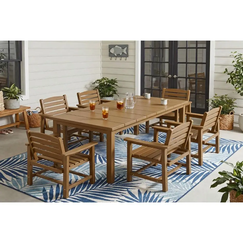 

7Piece Outdoor Dining Set, AllWeather HDPE Patio Furniture with 6 Ergonomic Chairs amp Large Table, Builtin Umbrella Hole, UVRe