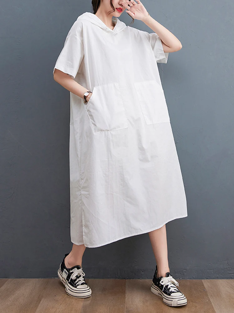 Black Vintage Oversized Dresses For Women New Hoode Short Sleeve Loose Casual Long Summer Dress Fashion Elegant Clothing 2024