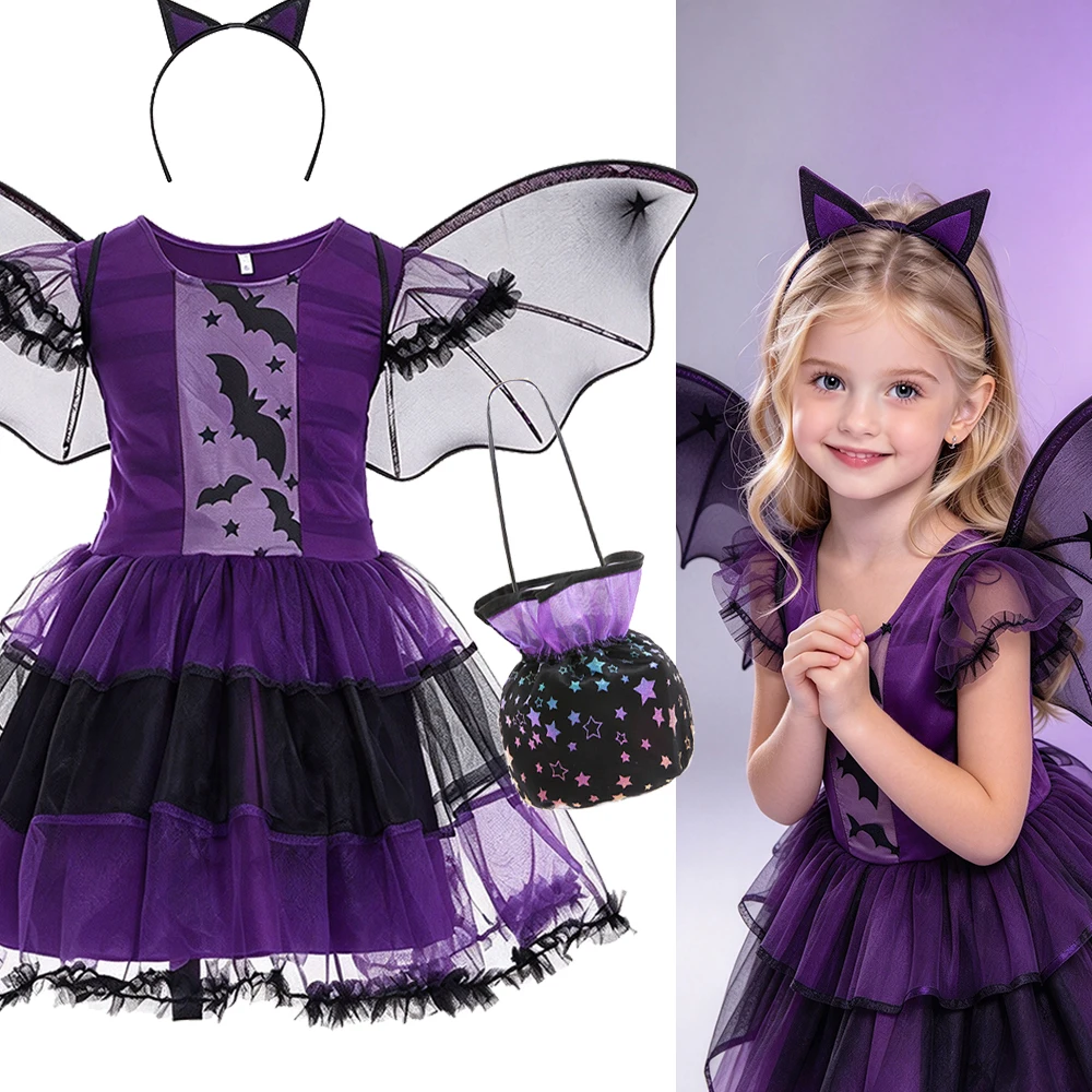 Girls Purple Bat Dress Kids Fancy Cosplay Vampire Demon Costume With Wing Headwear Christmas Halloween Stage Party Clothes