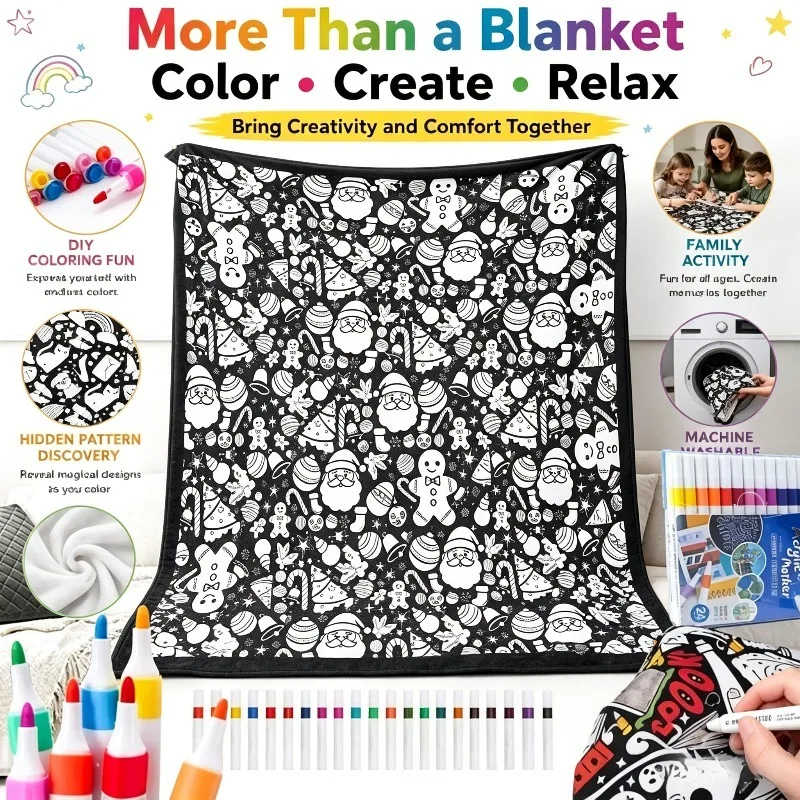 DIY Coloring Blanket with 24 Colored Markers Creative Personalization pattern blanket Stress Relief Unique Paint art Decor Gift