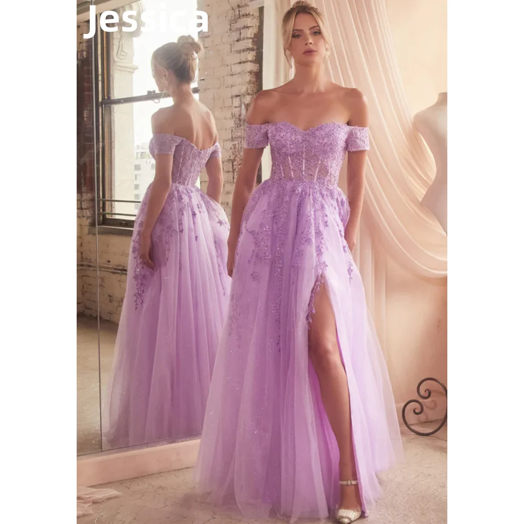 

Jessica Purple Glitter Tulle Prom Dresses A-line Lace Embroidery Evening Dresses Sexy Side Slit Corset Party Dresses 2024