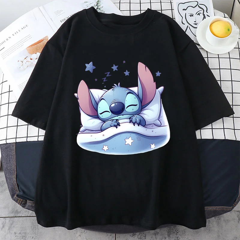 Disney Stitch Anime Patterns Fun Printing Top Harajuku Casual T-shirt Summer Fashion Black Short Sleeve Y2K Women Cotton Tshirt