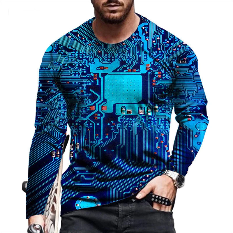 New Electronic Chip 3D Print T-Shirt Men Women Funny Circuit Board CPU Long Sleeve T Shirts Oversized Tees Tops Kid Man Clothing